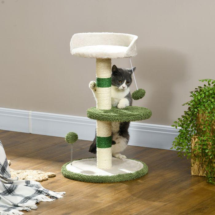Image du produit Swisshandel24 Arbre à chat Petit 64 cm rond avec surface de repos, balle de jeu, sisal, jusqu'à 4 kg (64 cm, Blanc+Vert+Beige)
