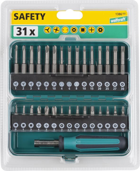 Produktbild wolfcraft wolfcraft 1 Kombi-Sicherheitsbit-Box Solid 31-tlg. (Kreuz Phillips PH M1, Kreuz Phillips PH M2, Innensechsrund TX M6, Innensechsrund TX M7, Kreuz Phillips PH M3, Innensechskant mit Loch M2, Innensechskant mit Loch M2.5, Innensechskant mit Loch M3, Innensechskant mit Loch M4, Innensechskant mit Loch M5, Innensechsrund TX mit Loch M8)