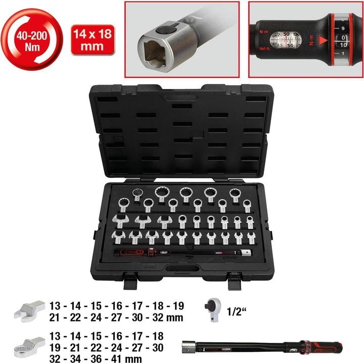 Produktbild KS Tools Drehmoment-Werkzeug-Satz, Aufnahme 14x18 mm, 31 Teile, 40-200 Nm (1/2", 40 Nm, 200 Nm)