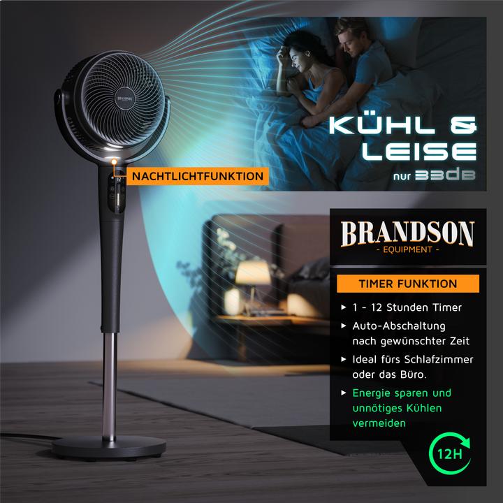 Actual product image Brandson Standventilator, Fernbedienung, leise, DC, 3D Oszillation, 21.5 cm Ø, Nachtlicht, Timer, 24 Stufen (57 dB)