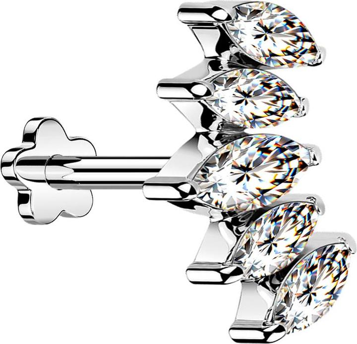 Star Piercing Micro Threadless Labret Blume silber Fächer silber mit fünf Kristalle silber (Titan G23, ohne Messing)