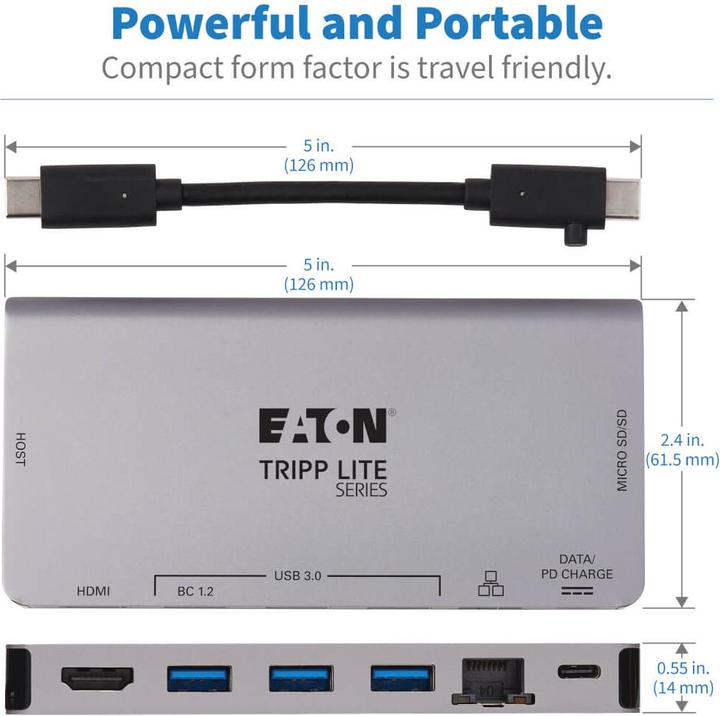 Produktbild Eaton USB-C Dock - 4K HDMI USB 3.2 Gen 1 USB-A Hub GbE Memory Card 100W PD Charging Detach (USB-C, 4 Ports)