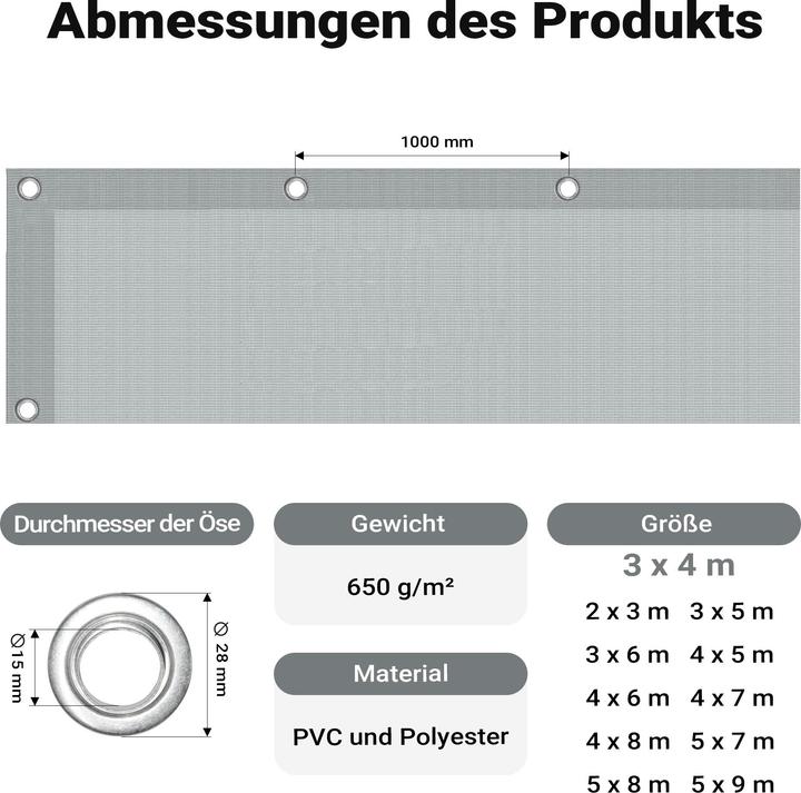 Produktbild Wiltec Abdeckplane wetterfest grau 3x4m Polyester Plane Ösen 650g/m² Gartenplane (3 x 4 m)
