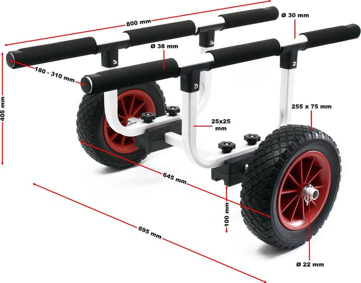 Actual product image Wiltec Aluminium Transport Trolley for Kayaks, Canoes max. 90kg with ⌀ 22cm PU Wheels & adjustable Widt