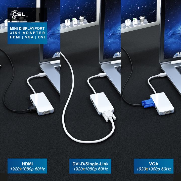 Produktbild CSL 3in1 Mini DisplayPort zu HDMI, DVI, VGA Adapter Konverter, miniDP 1.2 4k 3840x2160 UHD 2160p, 0,15m (HDMI, DVI, VGA, 8.50 cm)