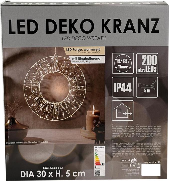 Produktbild Inda-Exclusiv 200 LED Deko Kranz Lichterkranz Weihnachtsbeleuchtung Ø30cm Aussen IP44