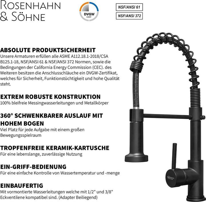 Produktbild Rosenhahn & Söhne Sylt 200 Küchenarmatur mit Brause- 360° Drehbarer Wasserhahn Küche - Armatur Küche