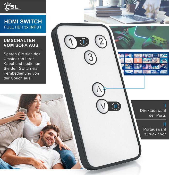Produktbild CSL 3 Port HDMI Switch, Audio / Video Verteiler mit Verstärker, 3D, Full HD, inkl. Fernbedienung, weiss