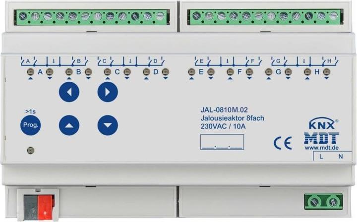 Actual product image MDT JAL-0810M.02 Blind actuator 8gang 8TE REG 10A 230VAC w.movement time measurement (Shutter actuator)