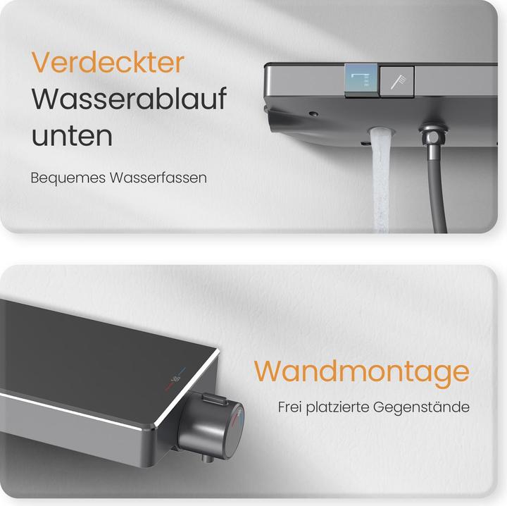 Produktbild Emke Duschsystem mit Thermostat, Handbrause + Regendusche(2 Strahlstärken) + Unterer Auslass