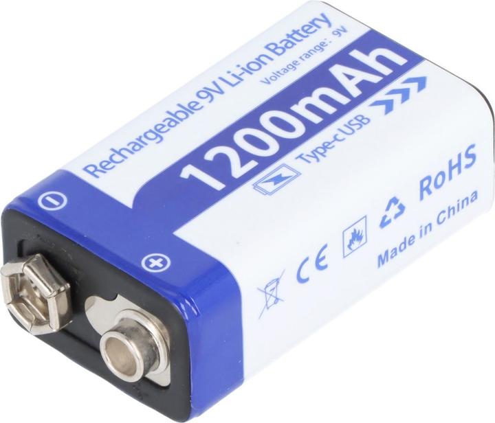 Produktbild AccuCell 9V Akkublock mit USB-C Ladeanschluss, Li-ion, 7,4V, 1200mAh, 8,1 Wh (1 Stk., 1200 mAh, Akku)