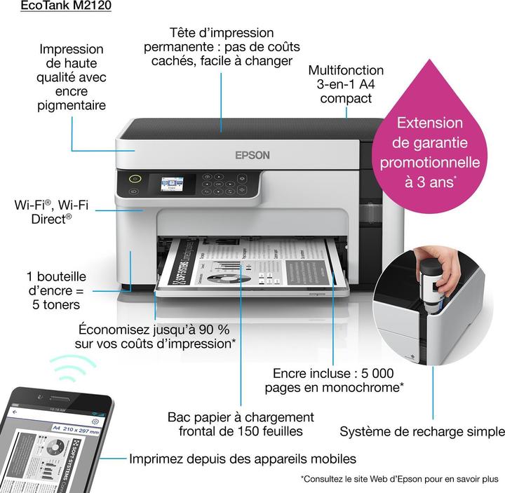 Immagine prodotto Epson Stampante compatta multifunzione EcoTank M2120 Mono, Inkjet, A4, Wi-Fi, Bianco (Inchiostro, Bianco e nero)