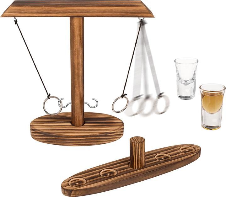 Ootb Jeu de lancer d'anneaux en bois 25cm, 2 verres à shot inclus