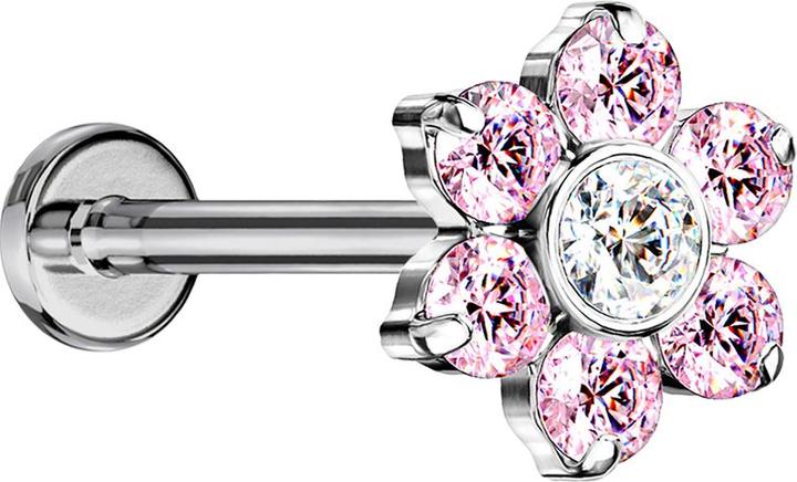 Produktbild Star Piercing Micro Threadless Labret silber Blume Kristalle pink (ohne Messing, Titan G23)