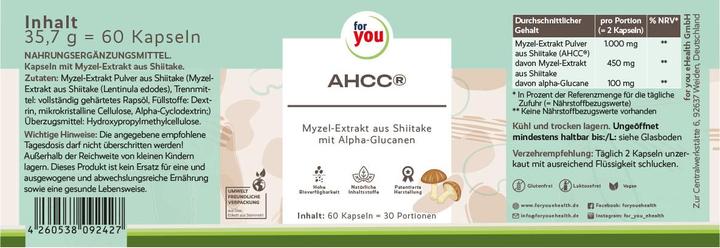 Nutritional values and ingredients For You AHCC® (60 Piece, Capsules)
