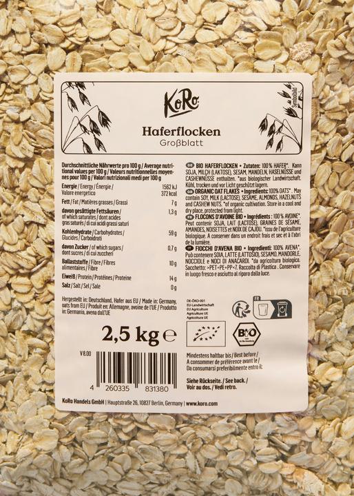 Valeurs nutritives et ingrédients KoRo Flocons d'avoine bio (2500 g)