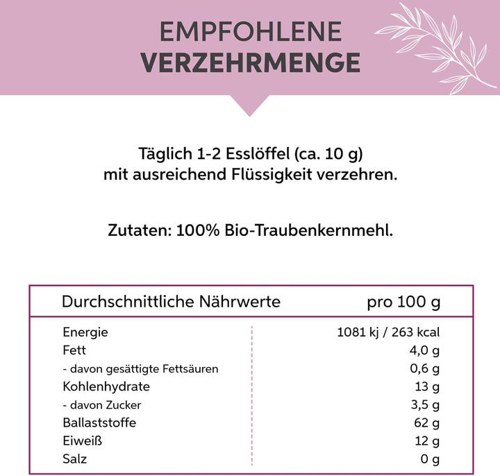 Valori nutrizionali e ingredienti Eltabia Farina di semi d'uva biologica OPC Estratto di semi d'uva in polvere Premium Raw Food Quality (1 Pezzo/i, Polvere, 200 g)
