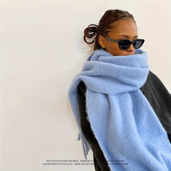 Only-Bags.Store Solid Colour Plush Warm Chunky Scarf Long Simple Large Thickened Tassel Scarf Winter Outdoor