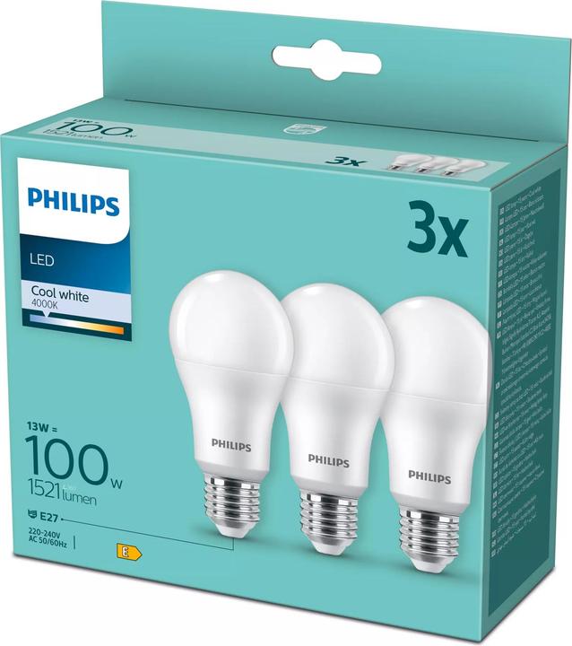 Produktbild Philips LED Lampe E27 3er Set 100W 4000K (E27, 13 W, 1521 lm, 3 x, E)