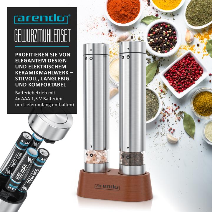Produktbild Arendo Salz- & Pfeffermühle Elektrisch 2er Set, Gewürzmühlen, Edelstahl, Glasbehälter, Batteriebetrieben (Pfeffer, Kräuter, Salz)