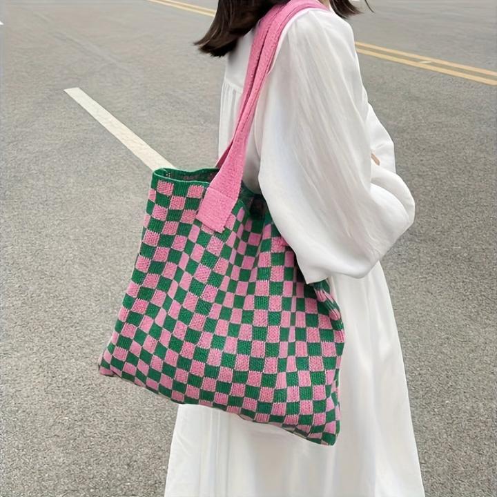 Immagine prodotto Only-Bags.Store Borsa a tracolla a maglia a quadri, borsa a tracolla con motivo a quadri di tendenza, borsa a mano