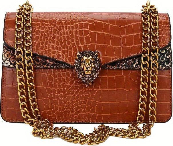 Produktbild Only-Bags.Store Klassische Nischen-Design Mini Square Umhängetasche, All-Match Trendy Klappe Löwe Knopf Dekor Kette