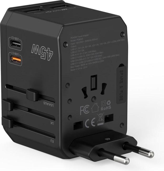 Productafbeelding Choetech PD6045 USB-C USB-A 45W GaN Reisoplader met US EU UK AU Stekkers - Zwart (45 W)