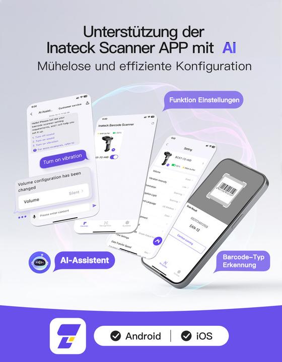 Actual product image Inateck Barcodescanner 72 gray (BCST-72 gray) (2D barcodes, 1D barcodes)