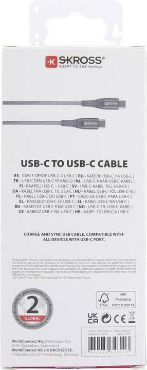 Produktbild Skross USB Kabel USB-C to USB-C Cable 2.0, Braiding, 1,20m space gray (1.20 m, USB 2.0, 36 W)