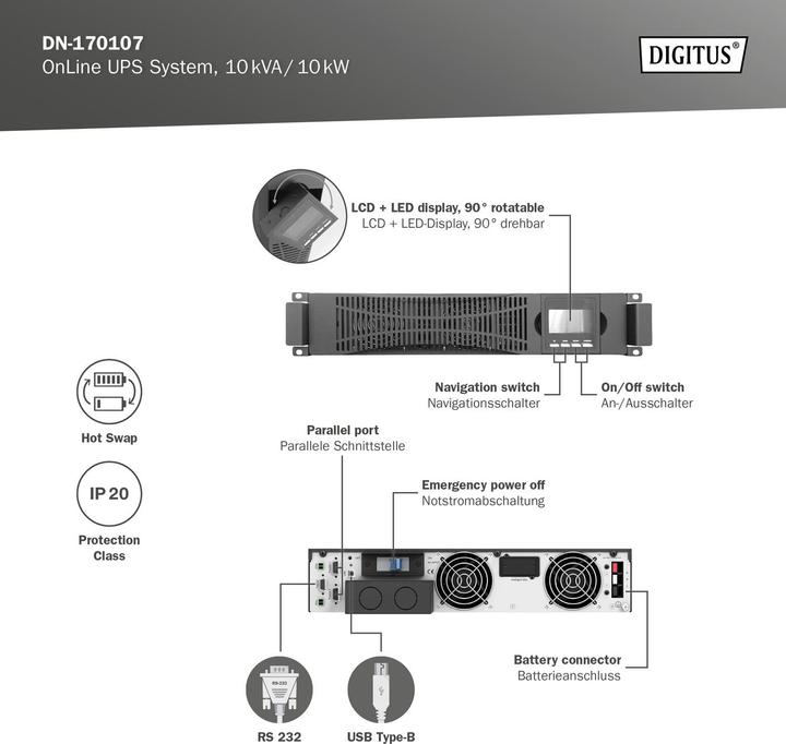 Actual product image Digitus OnLine UPS system, 10 kVA/ 10 kW (10000 VA, 10000 W, Online double converter UPS)