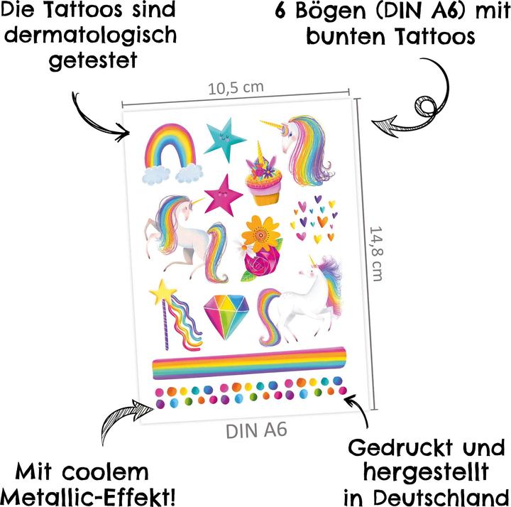 Actual product image Papierdrachen Metallic Tattoo Set 3 - Einhorn & Regenbogen