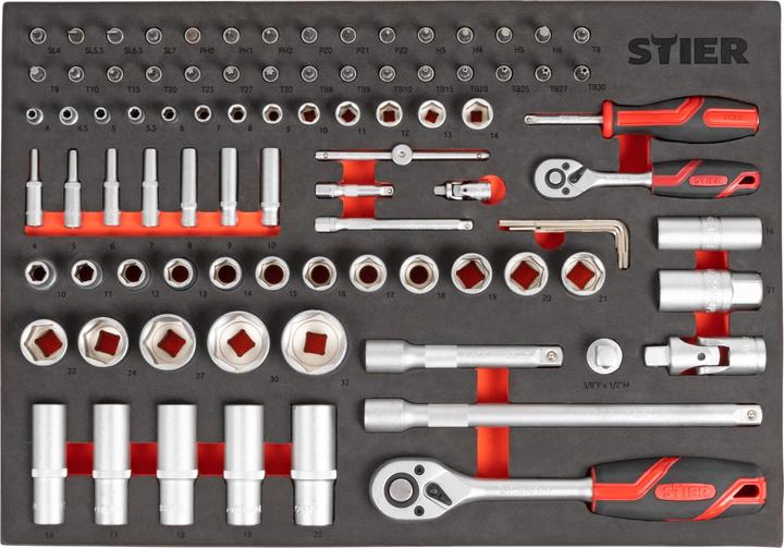 Actual product image Stier Socket spanner set, 1/4 and 1/2 inch, 92-piece, in soft foam insert (EVA) (1/4")