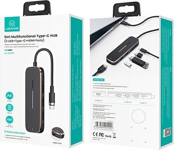 Actual product image Usams Adapter HUB 3xUSB + USB-C + HDMI czarnyblack SJ578HUB01 US-SJ578 (USB-C, 5 Ports)