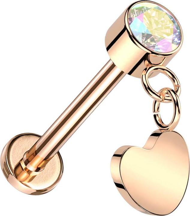 Star Piercing Micro Threadless Labret rosegold Zylinder rosegold Kristall multicolor Anhänger Herz rosegold (Titan G23, ohne Messing)