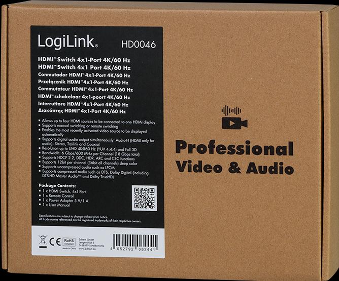 Produktbild LogiLink HDMI-Switch, 4x1-Port, 4K/60 Hz, HDCP, HDR, ARC, Audio-Extract, RC