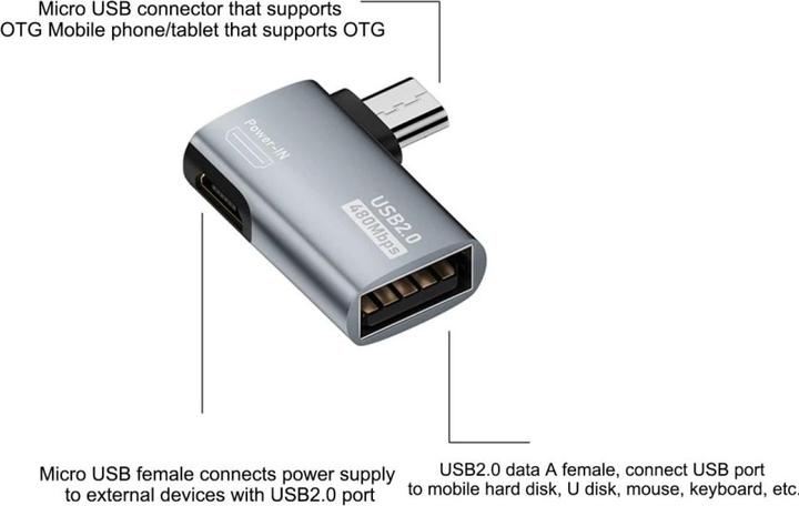 Immagine prodotto PowerGuard Adattatore da MicroUSB a USB 2.0 e Power-In con angolo di 90 gradi a destra (maschio/femmina) (Micro USB, USB 2.0)