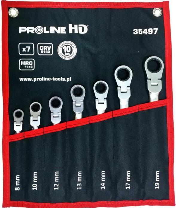 Proline 35497 Chiave combinata, snodo a cricchetto, 7 pezzi (8-19 mm), CV, HD (19 mm, 8 mm, 10 mm, 14 mm, 18 mm, 11 mm, 12 mm, 17 mm, 15 mm, 13 mm, 9 mm, 16 mm)