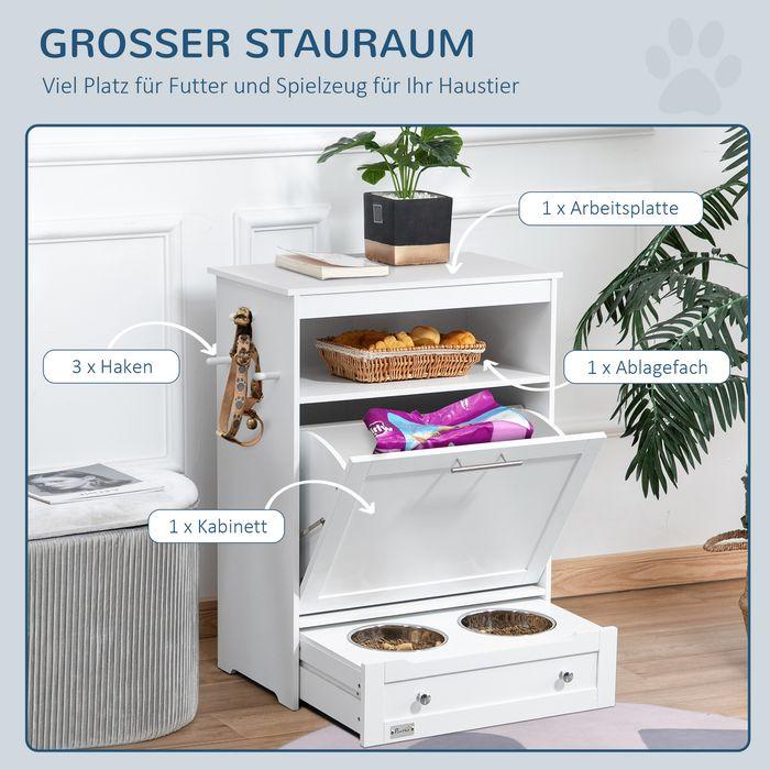 Produktbild Swisshandel24 Haustier-Futterschrank Tierfutterschrank mit 2 Edelstahlnäpfen, 3 Haken, Weiss