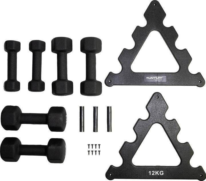 Actual product image Tunturi Neopren Kurzhantelset mit Ständer (2 x 1 kg, 2 x 2 kg, 2 x 3 kg)