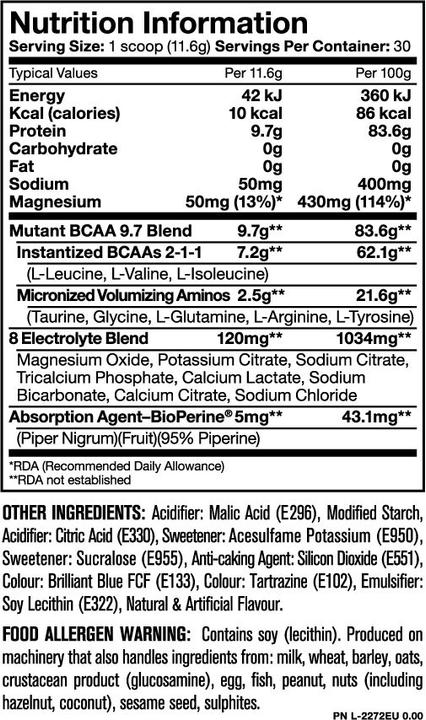 Nutritional values and ingredients Mutant Bcaa (Raspberry, 1 pcs., 348 g)