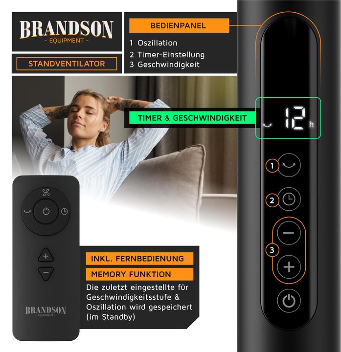 Produktbild Brandson Standventilator, Fernbedienung, DC, leise, energiesparend, Oszillation, Timer, 43 cm Ø, 12 Stufen (59 dB)