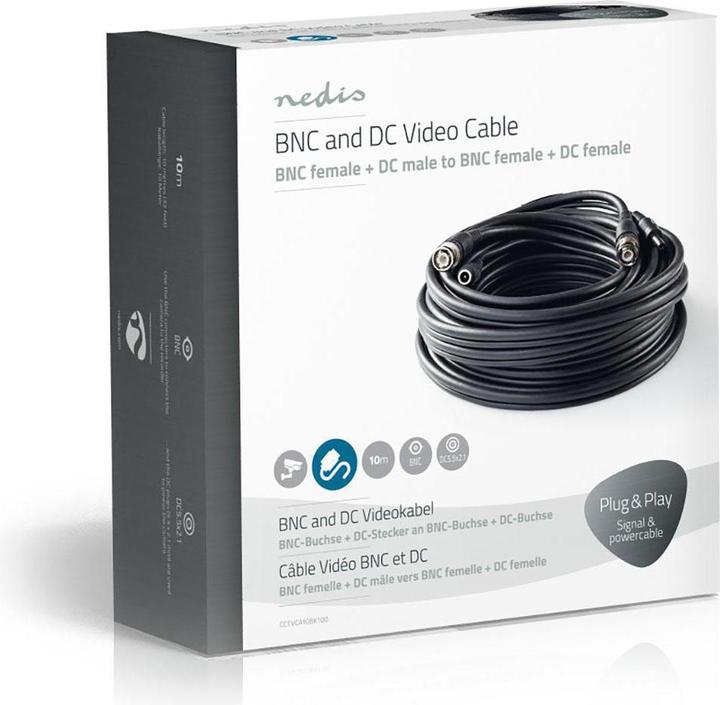 Actual product image Nedis CCTV cable RG59 with pre-assembled BNC and DC connectors, 10 m Siamese cable for surveillance and (S/FTP, CAT5, 10 m)