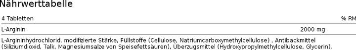 Valori nutrizionali e ingredienti Burgerstein L-Arginina (100 Pezzo/i, Pillole, 200 g)