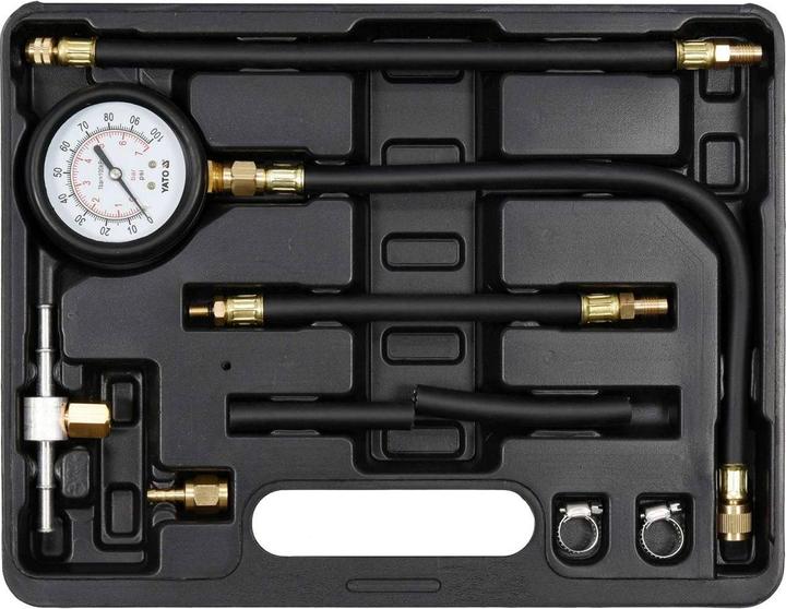 Actual product image Yato Professional Petrol Pressure Tester Set 9 TLG, with Pressure Gauge 0-100 psi / 0-7 Bar, Flexible