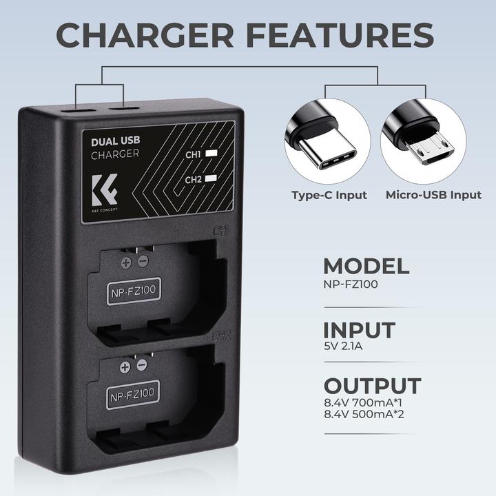 Produktbild K&F Concept FZ100 Digital Camera LED Dual Channel Charger with Type C Charging Cable (Kamera Akku Ladegerät)