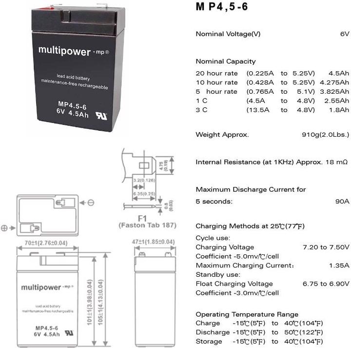 Image du produit Multipower Akku MP4.5-6 Blei mit 4,8mm Faston Kontakten (6 V, 4.50 Ah)