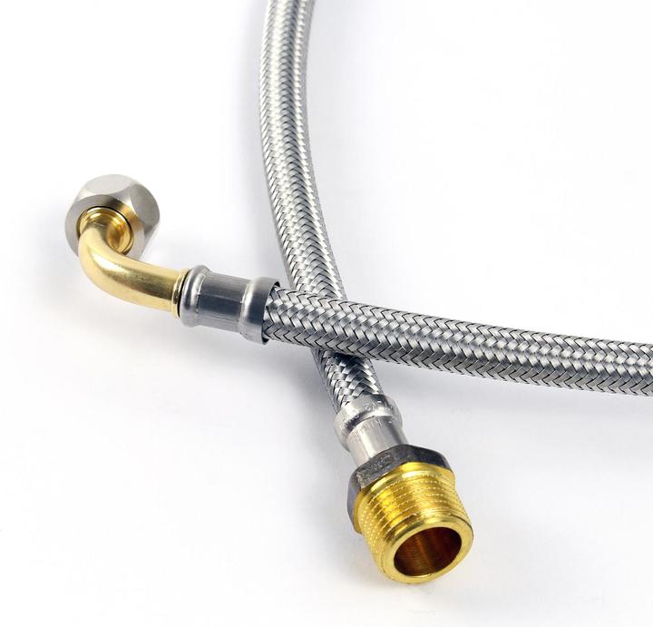 Actual product image XPOtool 300mm Flexible Hose DN8 3/8" UN Elbow (14.95mm) and 1/2" Male Thread (20.95mm) Armoured Ho