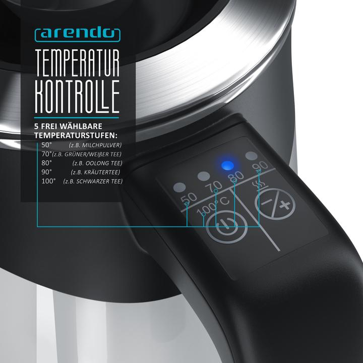 Produktbild Arendo Wasserkocher 0,5 l, 1100 W, Edelstahl Single Reisewasserkocher Mini, Temperatureinstellung, weiss (0.50 l)