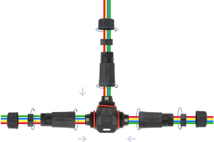 Produktbild Delock Kabelverbinder T-Form für Aussenbereich 4 Pin, IP68 wasserdicht, schraubbar, Kabeldurchmesser 4,5