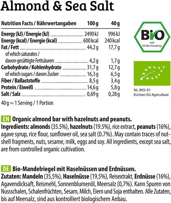 Valori nutrizionali e ingredienti HEJ Nutrition Morso naturale (12 x 40g) (Noci tostate, 1 pz., 480 g)